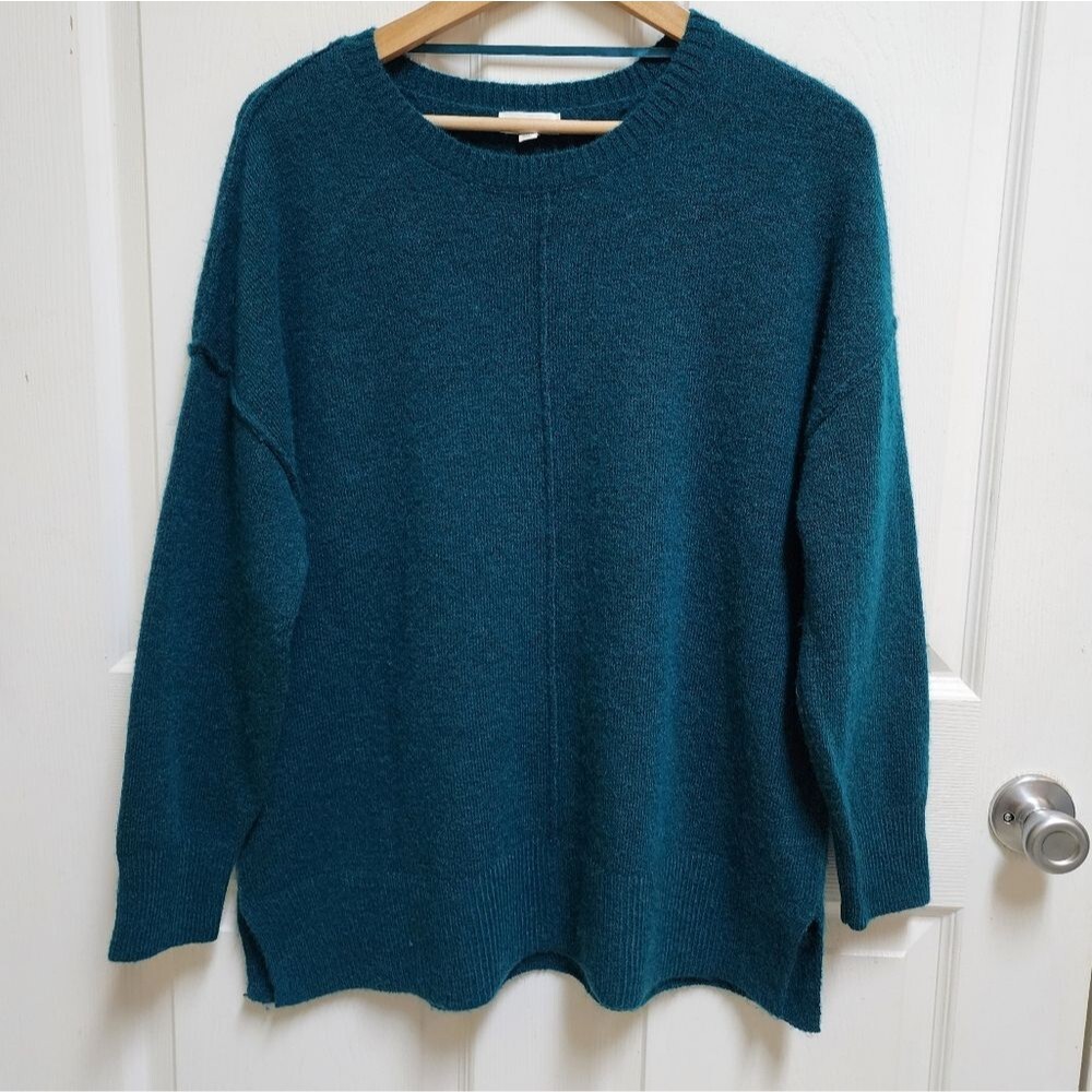 Westbound Women Sz M Dark Teal Wool Blend Oversized Crew Long Slv Tunic Sweater